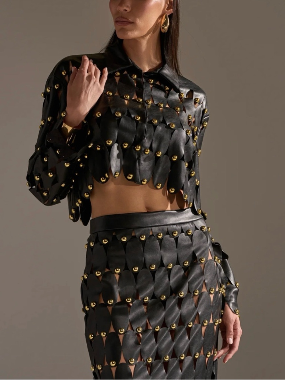 ✨AKIRA Black Cropped Studded Scalloped Leather-Look Shirt✨ - Picture 6 of 14